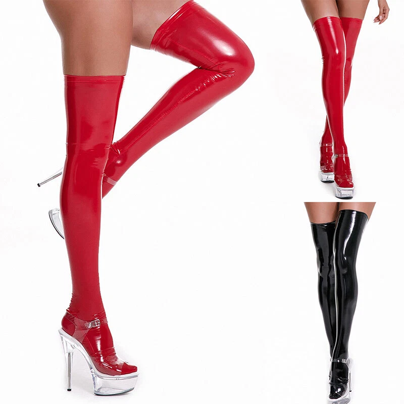 Black Thigh High Shiny Faux Leather Latex Wet Look PVC Holdup Stockings Socks - Bild 2 von 4