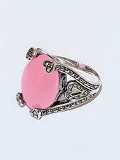 Designer Ring 925 Sterling Silver Rose Quartz Cabochon Marcasite Stones Sz 9 1/4