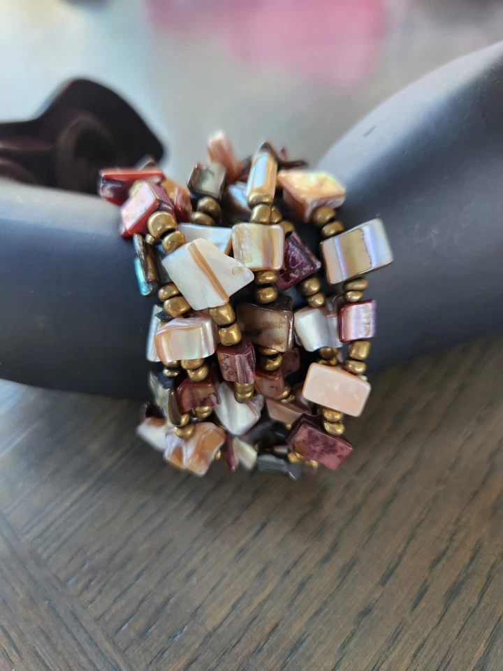 Multi Strand Shell Beaded MAXI Bracelet Wood Clasp Stratch Tropical Vacation  - Image 3 of 4