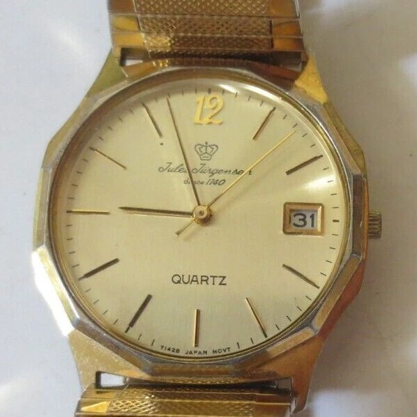 Jules Jurgensen date quartz Gold tone men s watch Japan 4656 Octagon Bezel