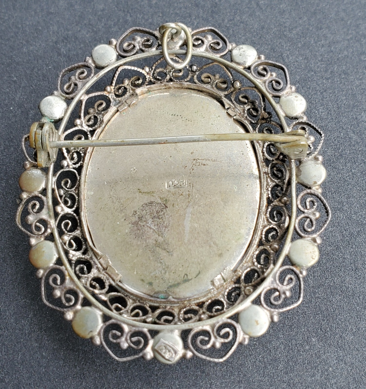 Antique Hand Painted Brooch 800 Silver Gem