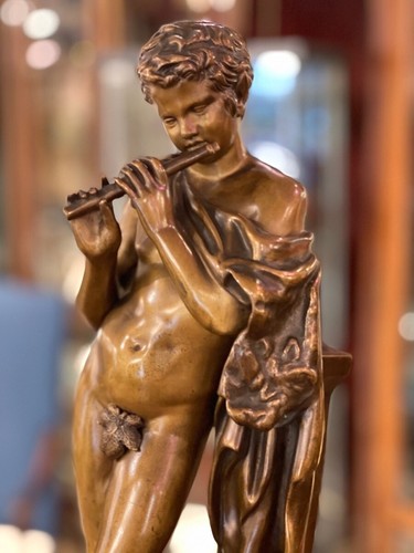 Antique French Bronze By Barbedienne Young Marsyas Playing Flute 19th C - Picture 2 of 10