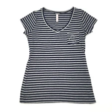 Xhilaration Striped V Neck Pocket Front T Shirt Size Small Womens Navy Blue Gray