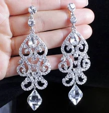 SEXY AUSTRIAN CRYSTAL RHINESTONE SILVER CHANDELIER DANGLE EARRINGS BRIDAL E2084S