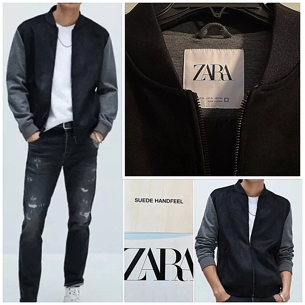 NWT Zara Faux Suede Combined Bomber Jacket XL Full Zip Front Black/ Heather  Gray