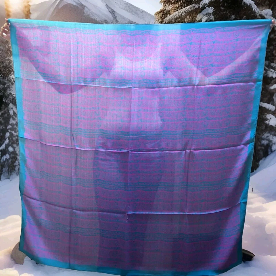 Silk Scarf Tribal Teal Vibrant Fuchsia India Silk BIG SIZE 40 in LARGE VINTAGE - Image 4 of 4