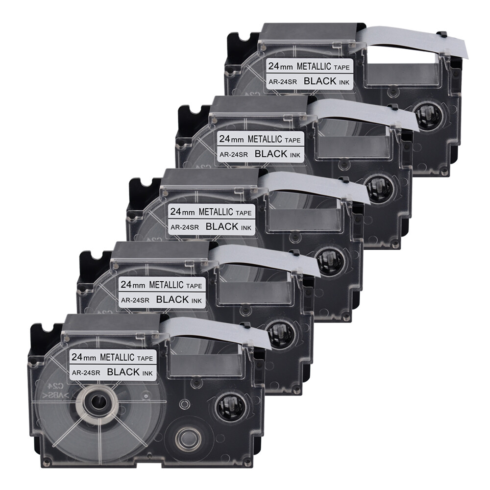 5PK Black on Metallic Tape Cartridge XR-24SR for Casio EZ