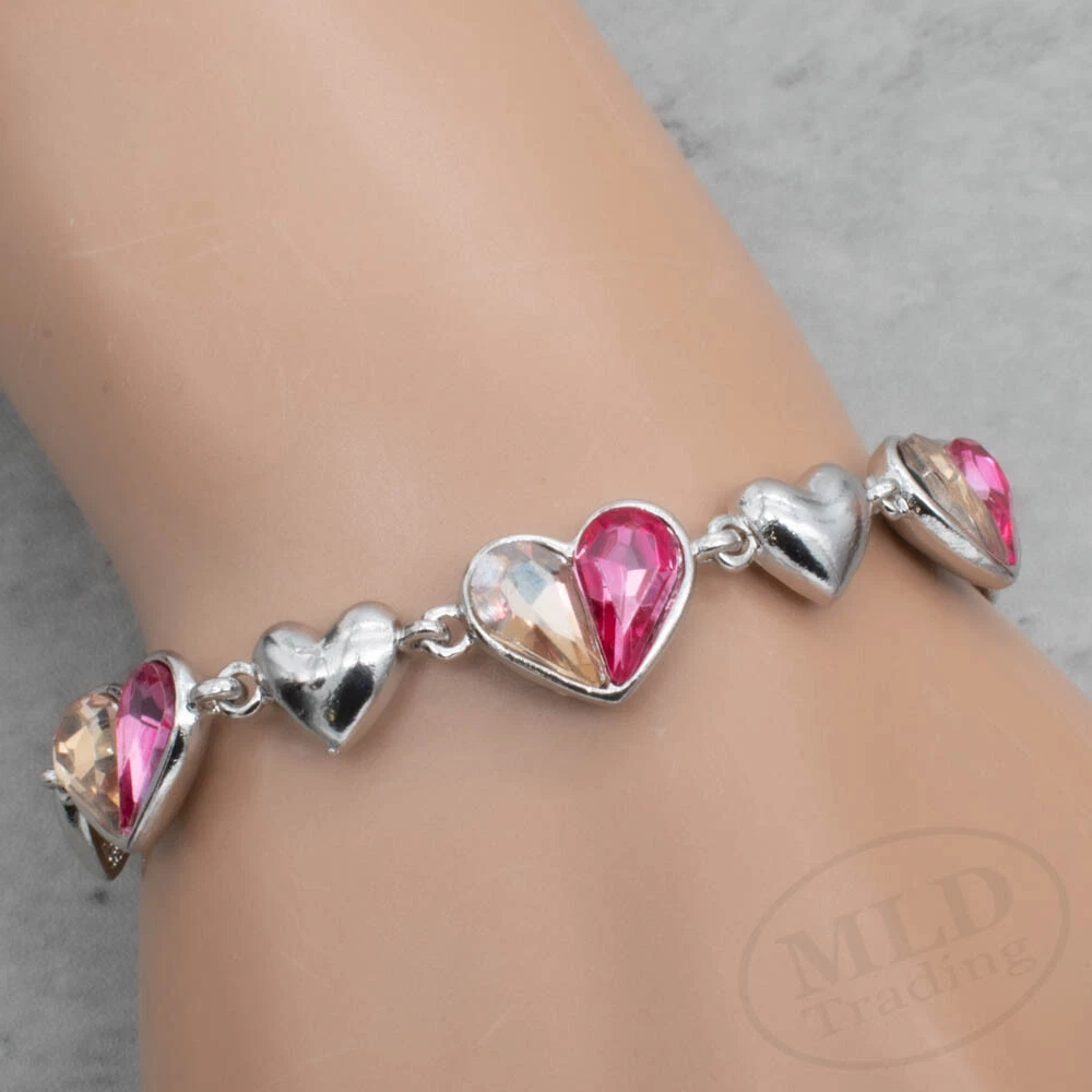 Crystal Love Heart Charm Bracelet For Women 3 Colors Adjustable Silver Plated