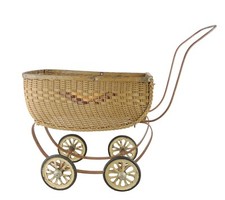 Vintage Child's Baby Buggy Carriage Stroller for Doll Wicker Rattan 18 x 9 x 15"