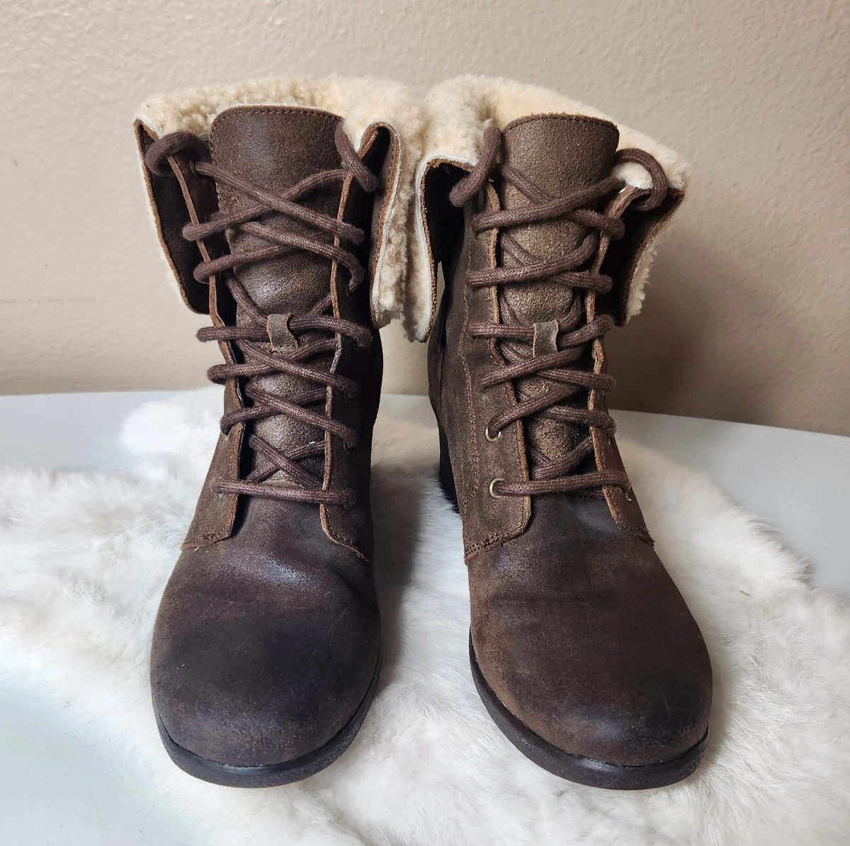 UGG Uptown Zea Brown Leather Shearling Wedge Boots Size 9 eBay