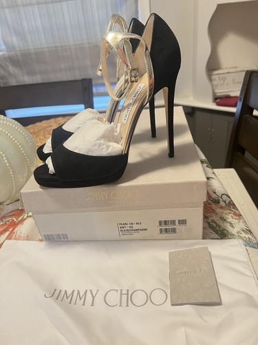 NEW Jimmy Choo Pearl 120 Black/Champagne Sandals Heels Sz 40.5 EUR / 10 US