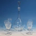 Steuben Crystal Art Glass - Teardrop Decanter, 5 Small Goblets