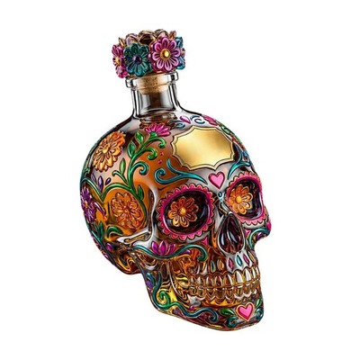 Hand-Painted Sugar Skull Tequila Bottle Glass Liquor Decanter with Cork Stopper