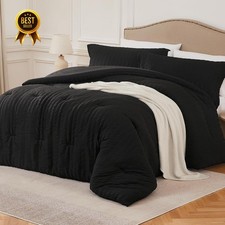 Queen Comforter Set 3 Piece Seersucker Lightweight Bedding Black All Season