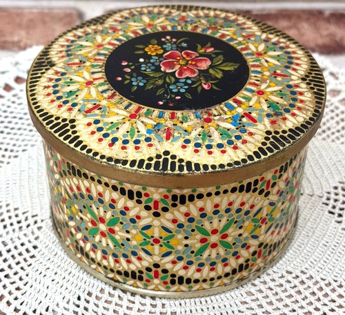 VTG FLORAL MOSAIC METAL COOKIE TIN ROUND 4.5" BISCUIT CONTAINER- MADE IN BELGIUM