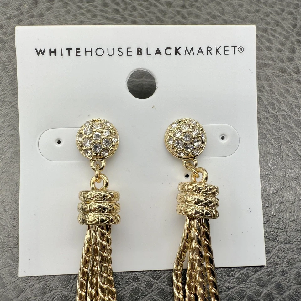 White House Black Market Gold Tone Tassel Drop Earrings Rhinestone Chain Fancy - Image 4 of 4