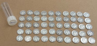 One roll of 50 ~ 1945 P-D-S MERCURY SILVER DIMES 10c Coins ~ Circulated FN / VF