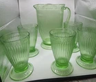 Depression Uranium ribbed fluted Green Glows Pitcher 5 tumbler vaseline clean