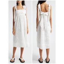 NWOT FARM Rio White Eyelet Embroidered Midi Dress Size L Floral Cotton Boho