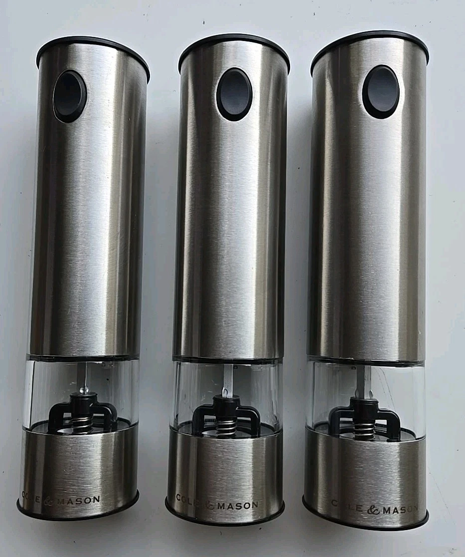 Lot of 3 Cole & Mason Battersea Electric Salt & Pepper Mill Set Stainless Steel