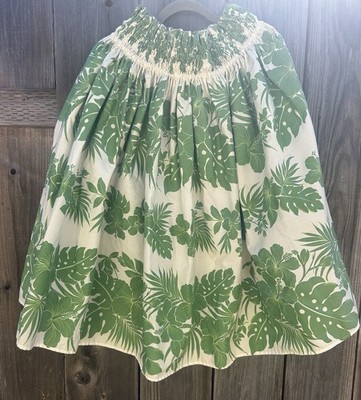 Hawaiian Pau Hula Skirt Green Monstera Hibiscus Print Size Large 30'' Long