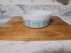 PYREX 472 Milk Glass Bowl Butterprint Blue Farm Pattern White Pressed Glass