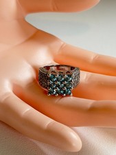 Vintage Sterling Silver 925 Natural Heated Blue Topaz Multi Row Ring Size 7