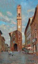 Dipinto Olio  Siena Montalcino Oalazzo Priori  Giacomo Vaccaro cm 15 x 25