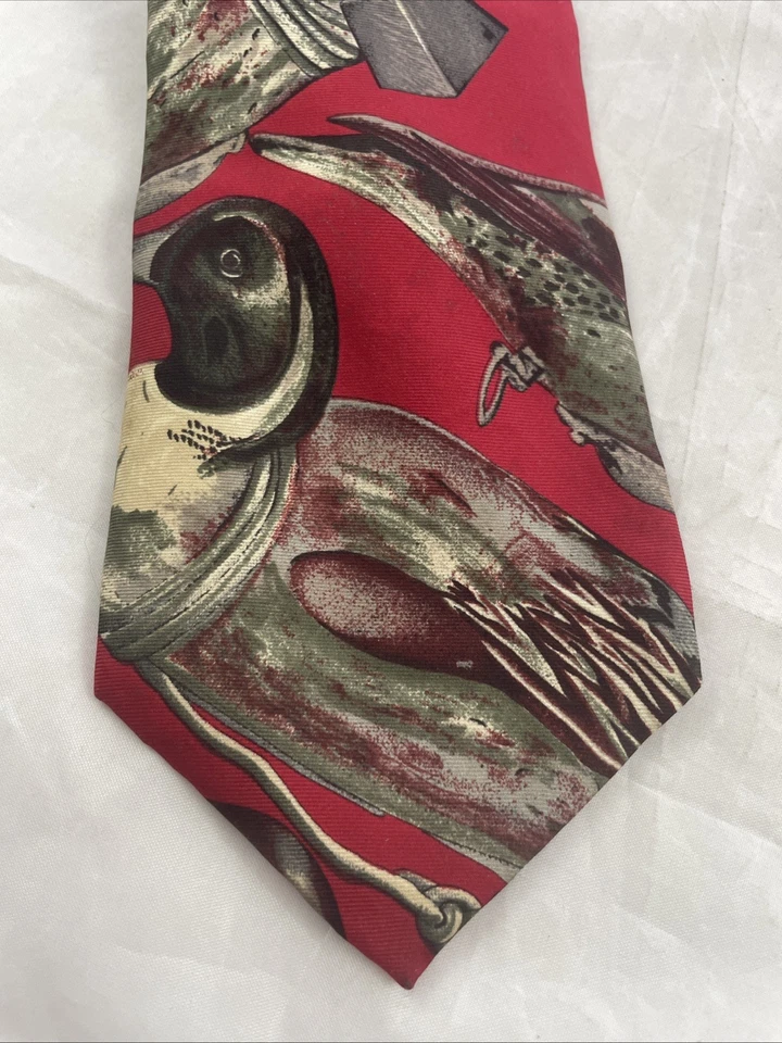 Corbata Ducks Unlimited Vintage Patos Mallard Rojo Verde Marrón Toda Seda Hecha en EE. UU. Foto 2 de 4