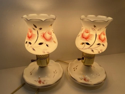 Vintage White With Pink Floral Milk Glass Lamps - Set of 2 Gold Painted Accents