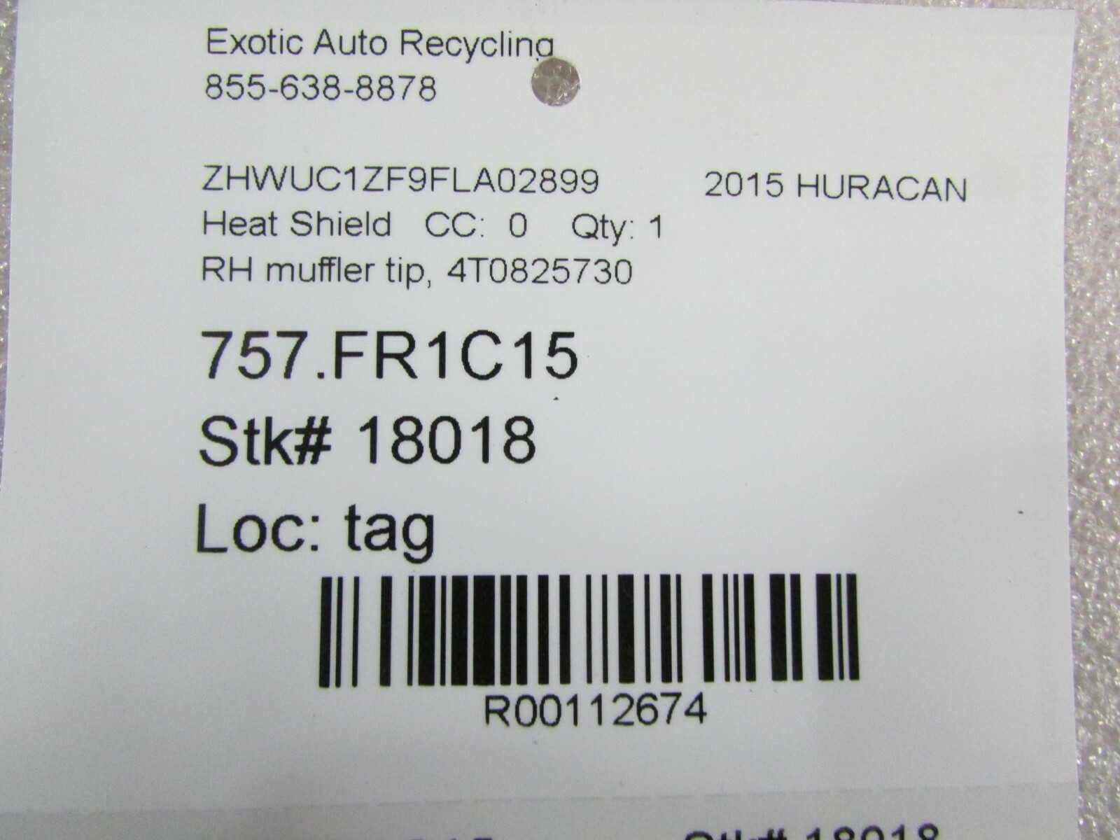 Lamborghini Huracan, RH, Right Muffler Tip Heat Shield, Used, P/N 4T0825730