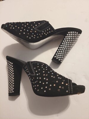 BEVERLY FELDMAN BLACK SUEDE SHOES/MULES  Rhinestone/silver studs  5''HH  7 1/2 M