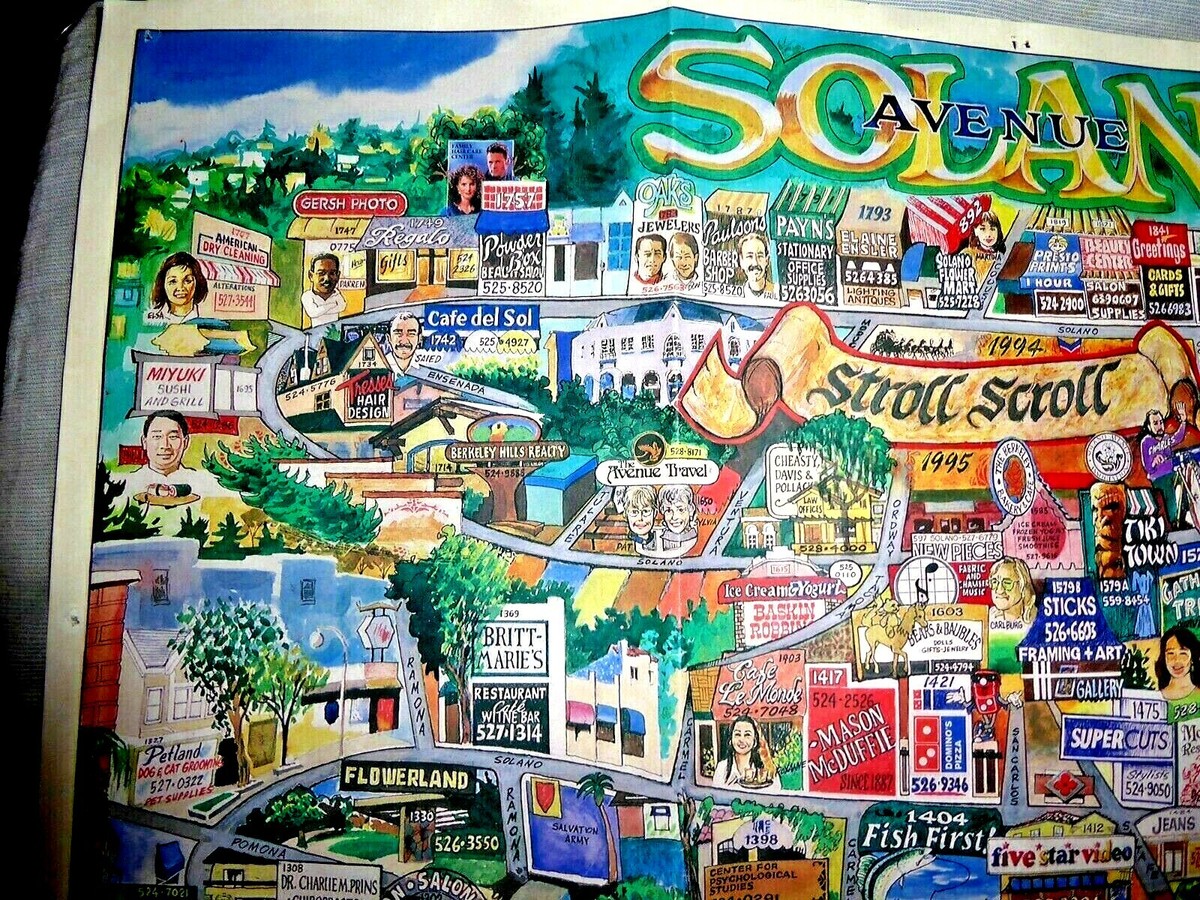 VINTAGE LOVELY CARTOON MAP SOLANO AVENUE BERKELEY CAL BY BRUCE 1994