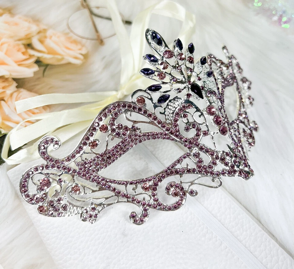 Masquerade Ball Party Mask, Venetian Silver Mask, Mardi Gras Parade Purple Mask - Image 3 of 4