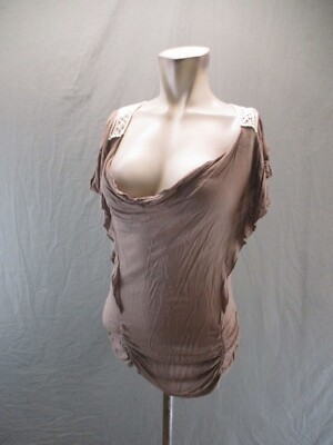 RUE 21 Size S Womens Cowl Neck Lace Back Short Ruffle Sleeve Stretch Top 341