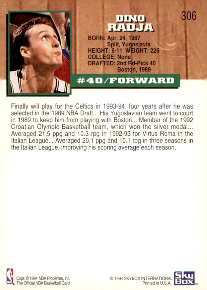 1993-94 Hoops #306 Dino Radja - Image 2 of 2