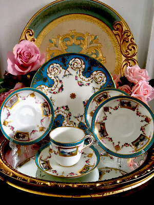 Antike Minton Celeste Blau Teetasse Untertassen Aufsteller Teller Rosen Gold Set LESEN 