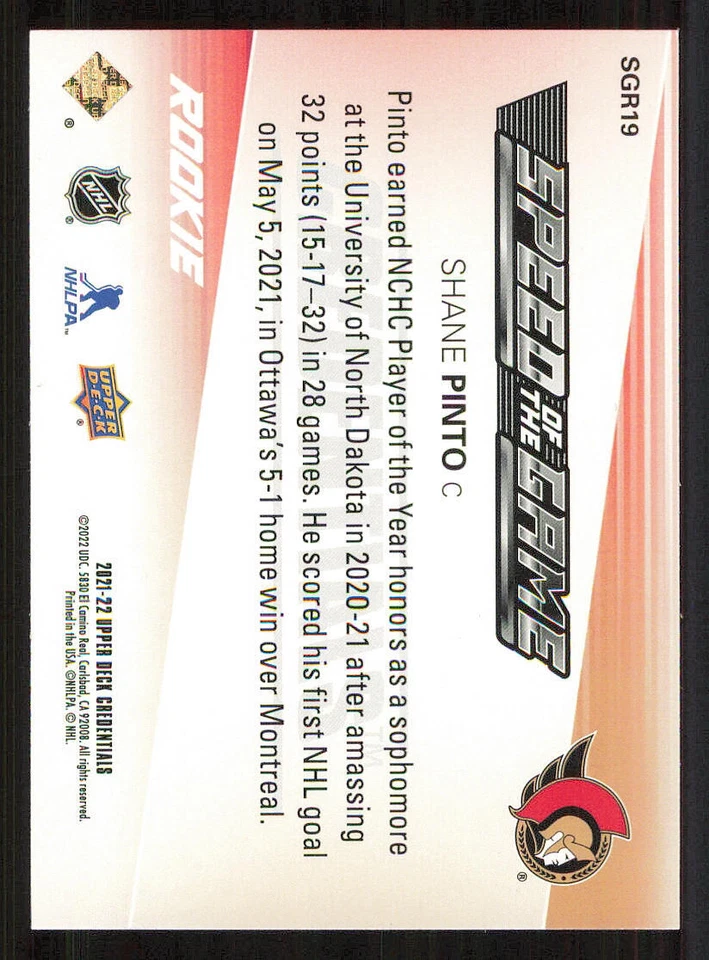 2021-22 Upper Deck Credentials Speed of the Game Rookies #SGR19 Shane Pinto - Image 2 of 2