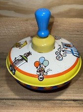 Vintage Ohio Art Metal Tin Litho Circus Train Animals Spinning Top Wood Handle