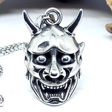Hannya Mask Pendant Stainless Steel 23" Necklace Large Statement Jewellery & Box