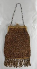 Vintage Beaded Flapper Style Handbag With Brass Frame  Chain