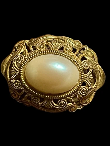 Signed Miriam Haskell Gold Tone and Faux Pearl Cabochon Brooch, Pin
