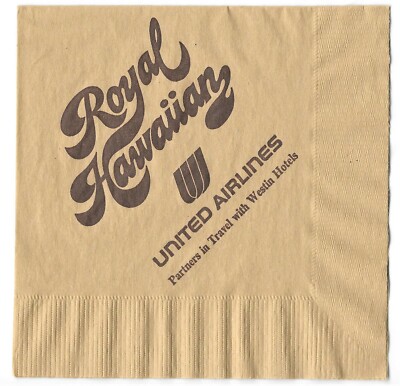 1970s Royal Hawaiian Hotel Hawaii Flight United Airlines Cocktail Napkin Westin
