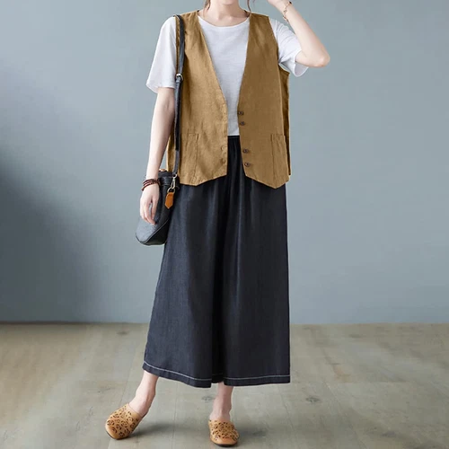 Mujeres Algodón Lino Sin Mangas Chaleco Abrigo Damas Botones Chaleco Informal Camiseta sin Mangas - Imagen 11 de 45