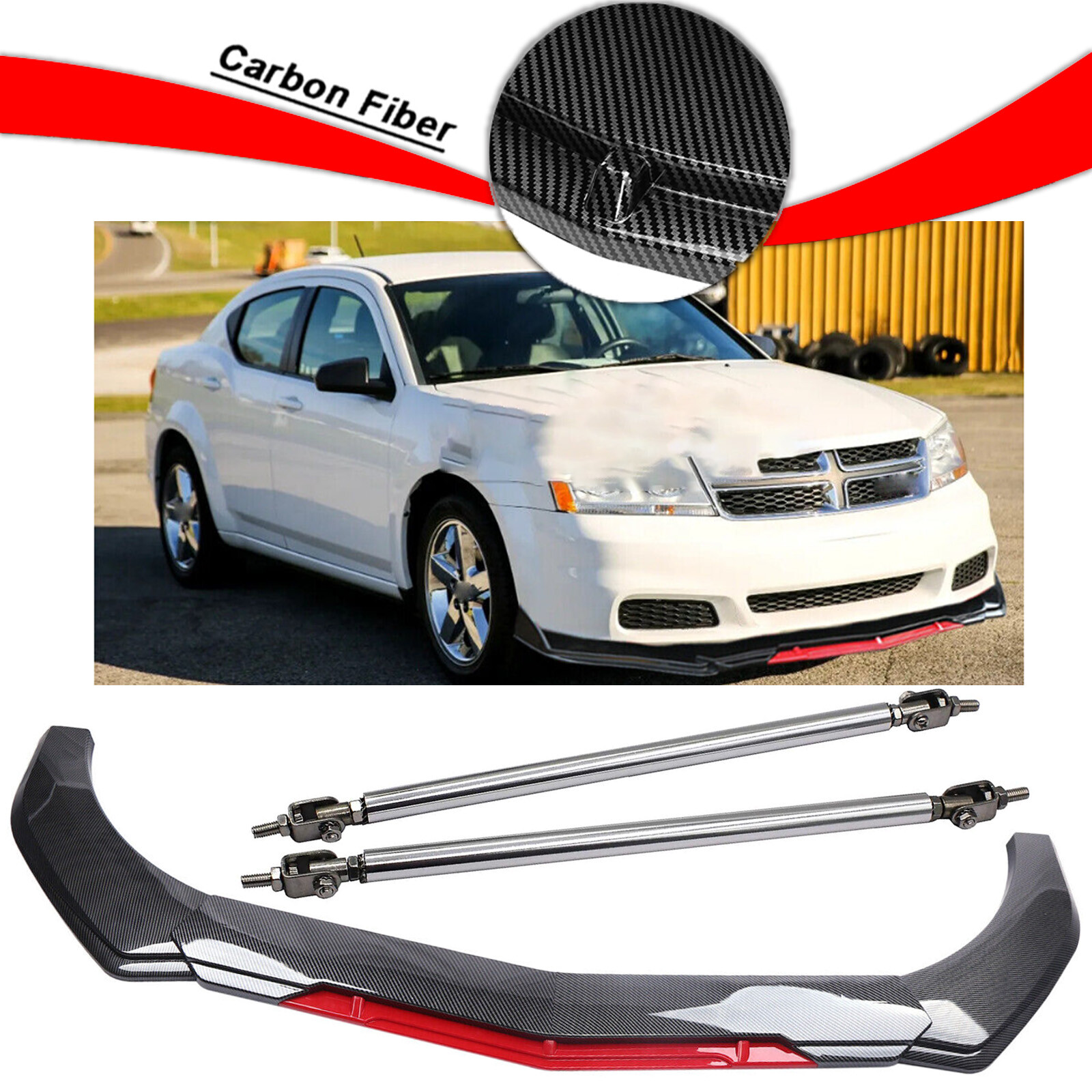 Angled Front Bumper Lip Spoiler Splitter & Strut Rod for Dodge Avenger Body Kits