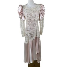 Vintage 80s Cachet Gown Womens M Pink Satin Puff Sleeve White Lace Coquette Prom