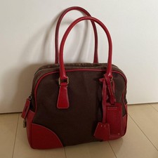 Prada vintage Boston bag Brown Red Canvas Leather Shoulder Tote Charm Logo Used