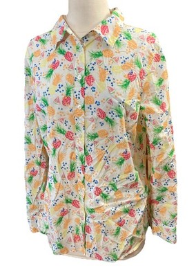 Talbots Tropical Button Up Shirt Womens Sz LP Pineapple Watermelon Fruit Cotton