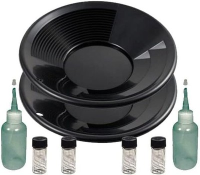 Sluice Monkey 2 Pack of 10 inch Black Gold Pans, 4oz Sniffers, Vials