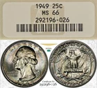 MS66 CAC 1949 Washington Silver Quarter, NGC Old Fatty Holder- Rainbow Toned